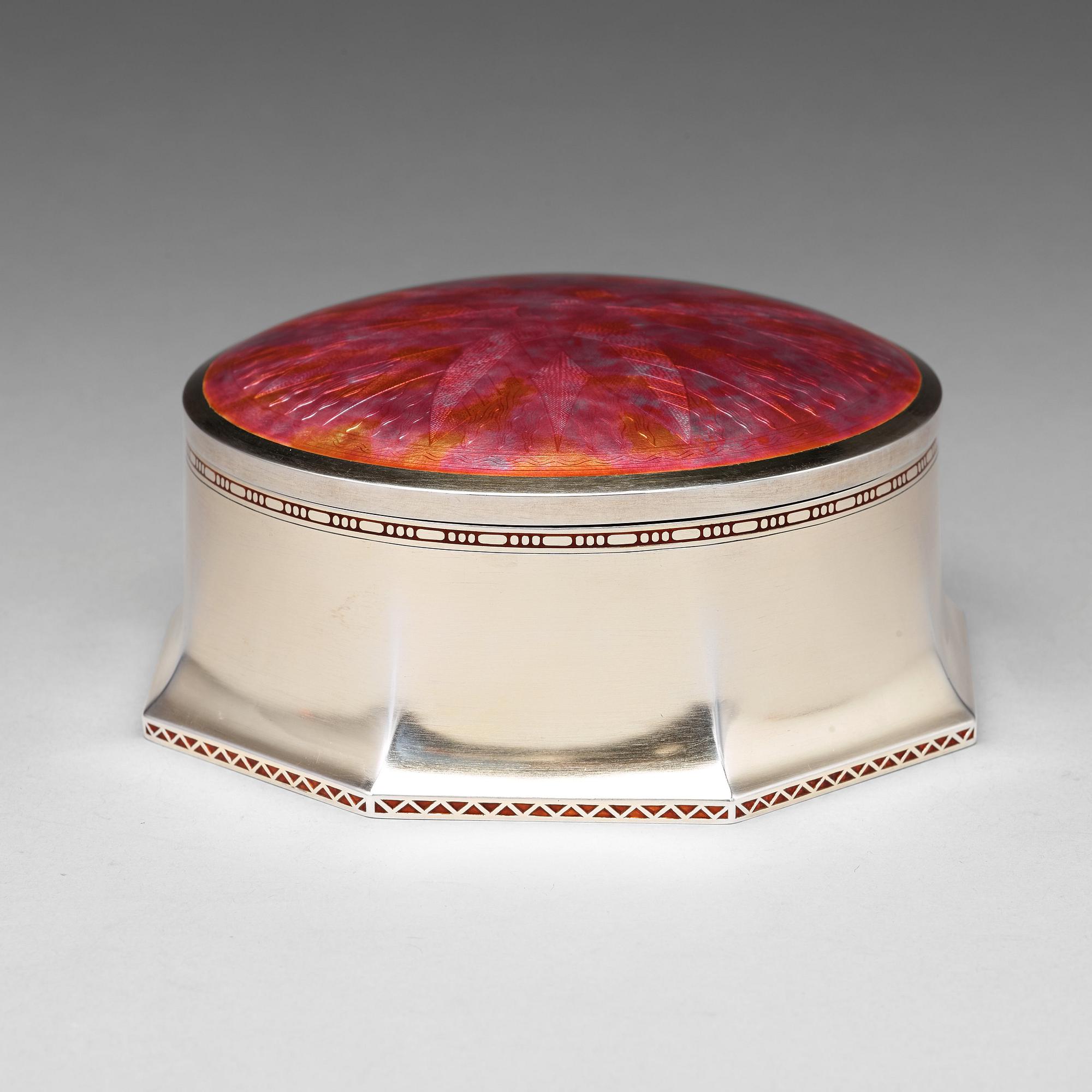 Ferdinand Boberg, an Art Nouveau silver and enamelled bonbonnière executed by C.G Hallberg, Stockholm 1909.