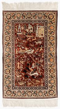 A Keysari figural silk rug, c. 121 x 76 cm.