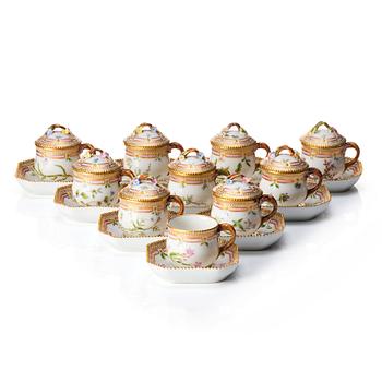 377. A set of 9 Royal Copenhagen 'Flora Danica' custard cups with stands, Denmark, early 20th Century.