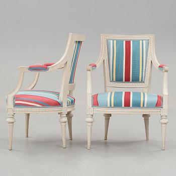 A pair of Gustavian late 18th century armchairs by Lars Söderholm (master in Stockholm 1789-1794).