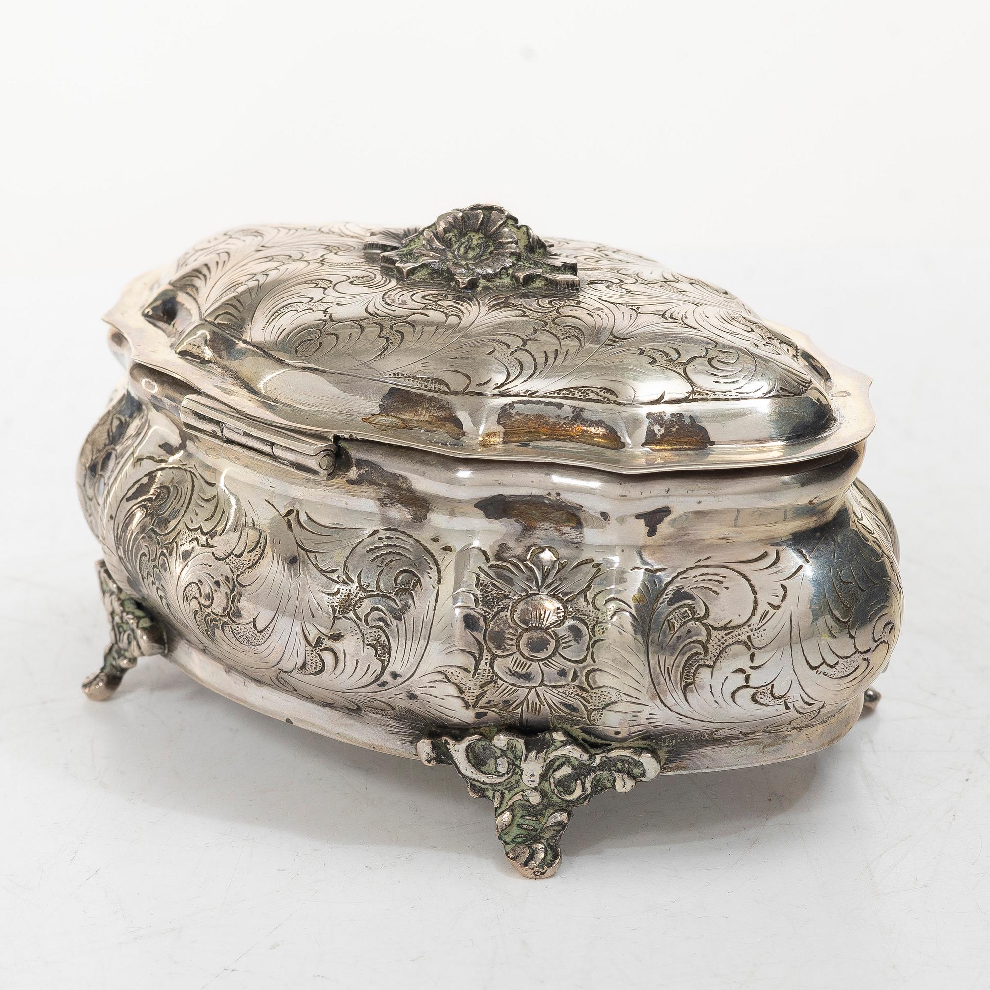 Sugar box, silver, Rococo style, Swedish import mark.