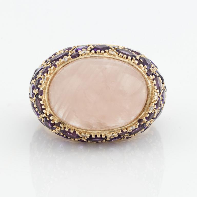 Ring, cocktail ring with cabochon-cut rose quartz, amethysts, and small diamonds.