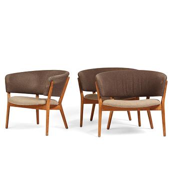 Nanna Ditzel, a set of three teak lounge chairs, Søren Willadsen, Denmark, 1950-60s.