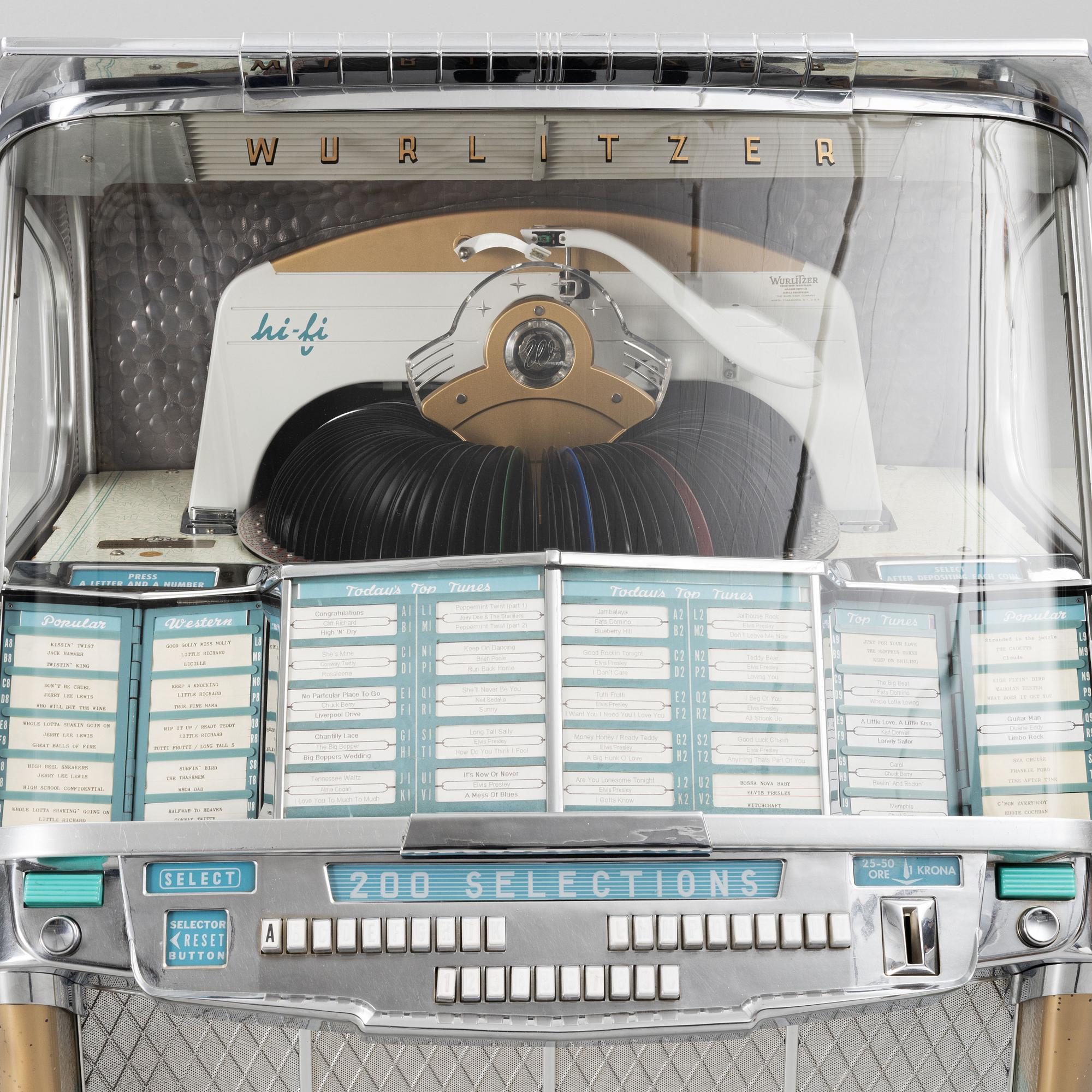 Jukebox, Wurlitzer modell 2100,  Rudolph Wurlitzer Company, North Tonawanda, New York, USA, 1957.