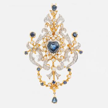 Pendant, 18K gold with blue sapphires and brilliant- and eight cut diamonds.
