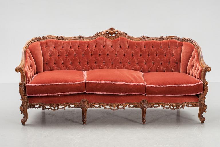 SOFFA samt FÅTÖLJER, ett par, rokokostil, 1900-talets andra hälft.