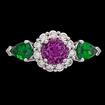 1002. A pink sapphire, tsavorite and diamond ring.