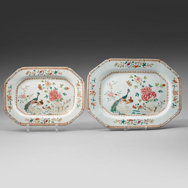 Two famille rose 'double peacock' dishes, Qing dynasty, Qianlong (1736-95).