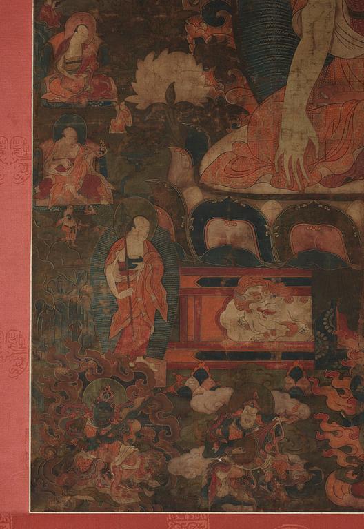 A Tibetan thangka of Shakyamuni Buddha with the eighteen  arhats, 18th century.