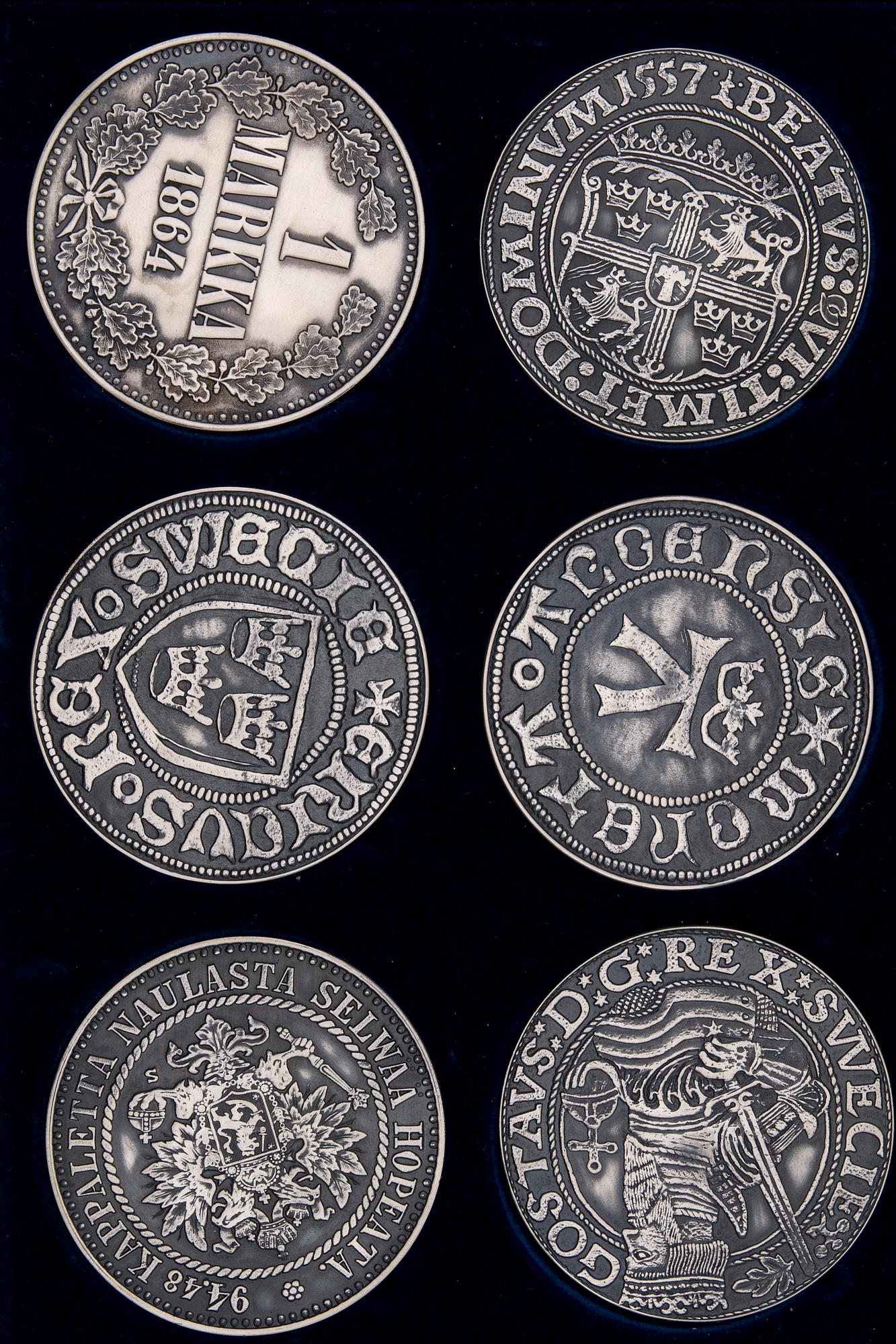 GLASUNDERLAG, 6 st, silver, Tillander 1974. Total vikt 633 g.