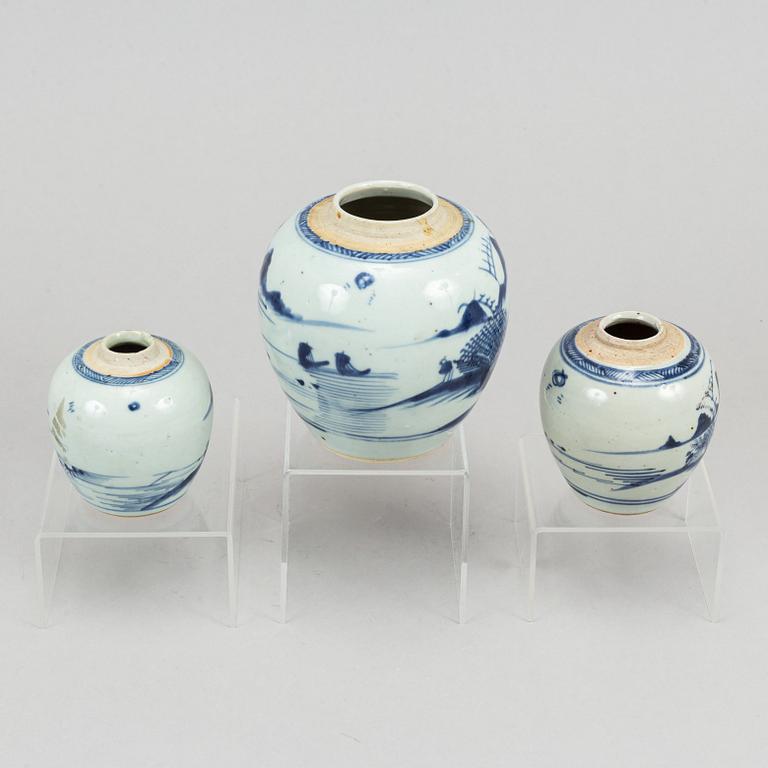 A set of three blue and white jars, Qing dynasty, 19th Century.
