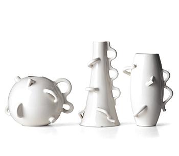 Alessandro Mendini, a set of three post modern white glazed "Dealbata" ceramic vases, Zanotta, Italy post 1987.