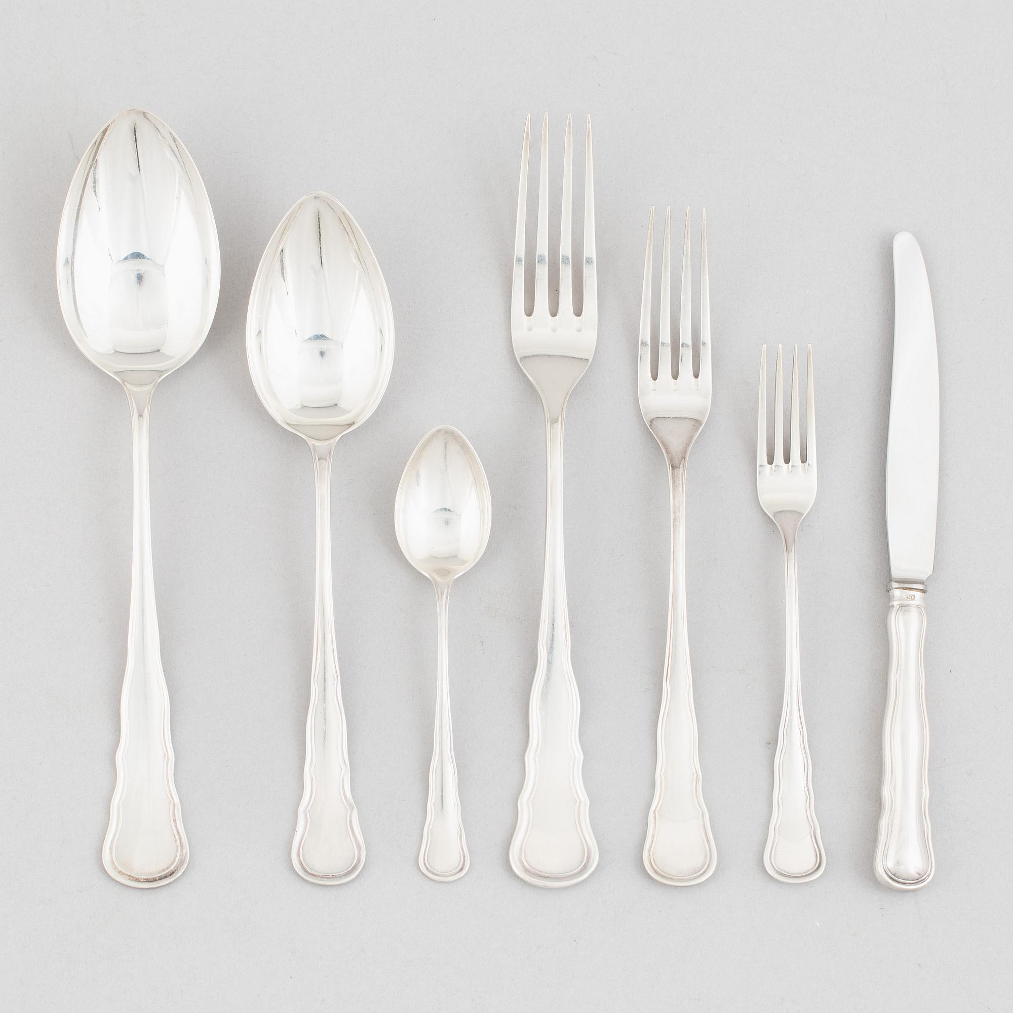 Bestick, 45 delar, silver, "Chippendale", CG Halleberg Stockholm 1940/50-tal.