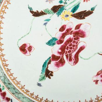 A Chinese Qianlong porcelain plate and dish in famille rose colours.