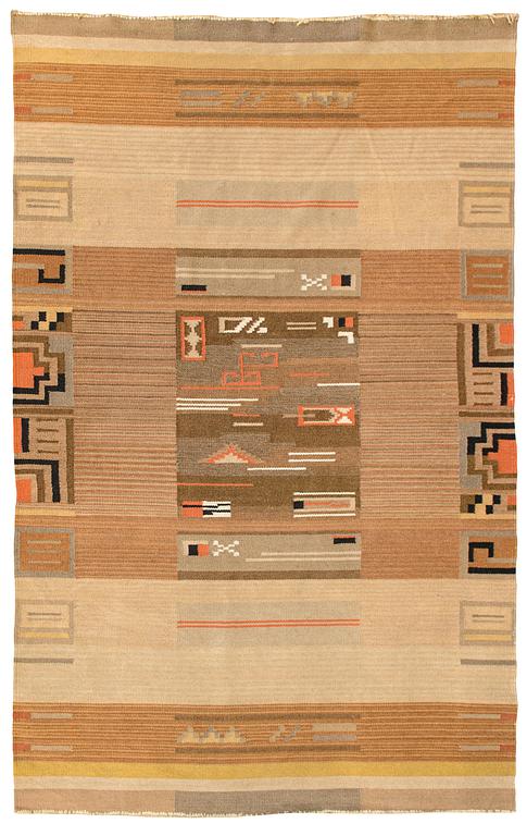 Impi Sotavalta, attributed, a 1930s Finnish flat weave carpet for Kodiksamin Mattokutomo.  Circa 295x190 cm.