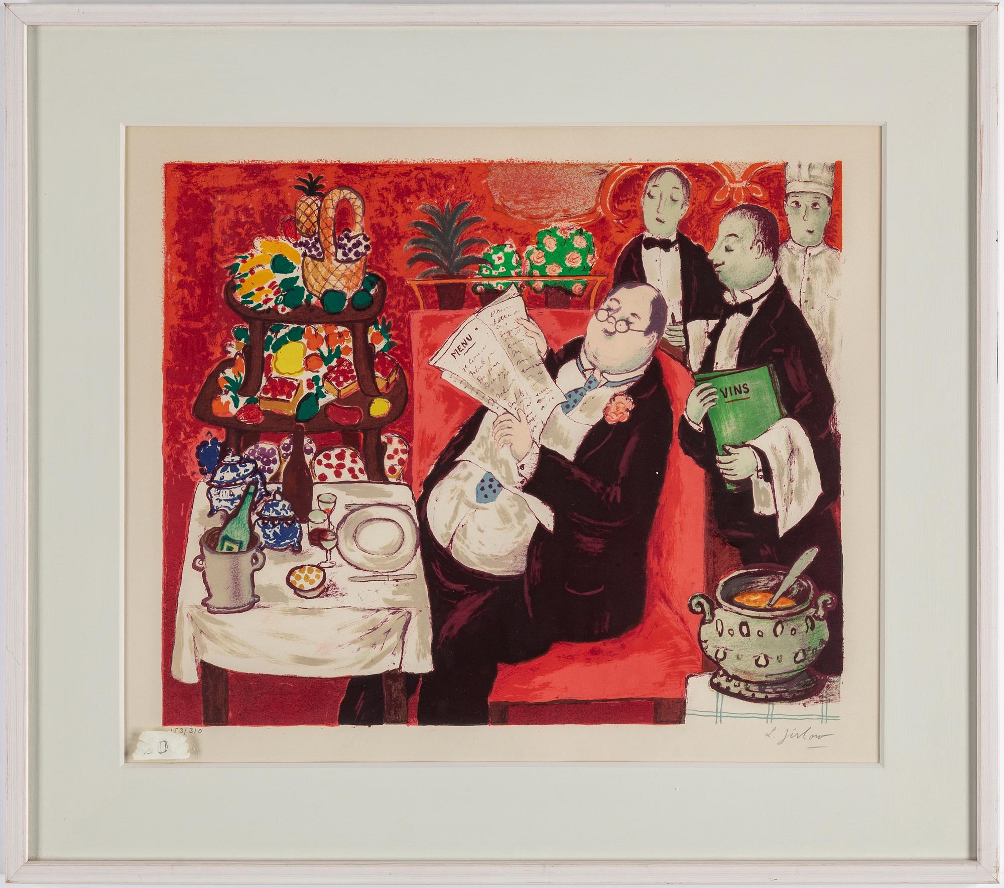 LENNART JIRLOW, lithograph in colours, signed L. Jirlow and numbered 153/310 in pencil. Executed in 1978. "Gourmanden".