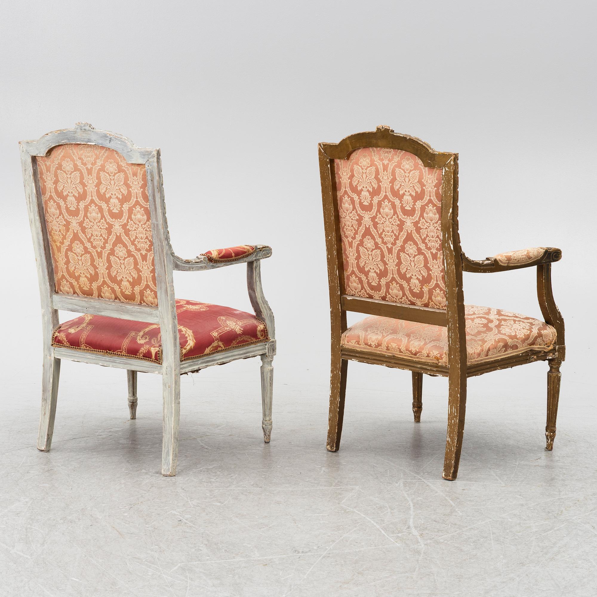 A pair of Louis XVI-style armchairs and a sofa, 20th century.