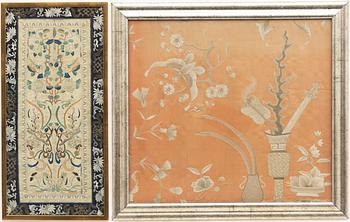Two Chinese silk embroideries, late Qing dynasty / around 1900.
