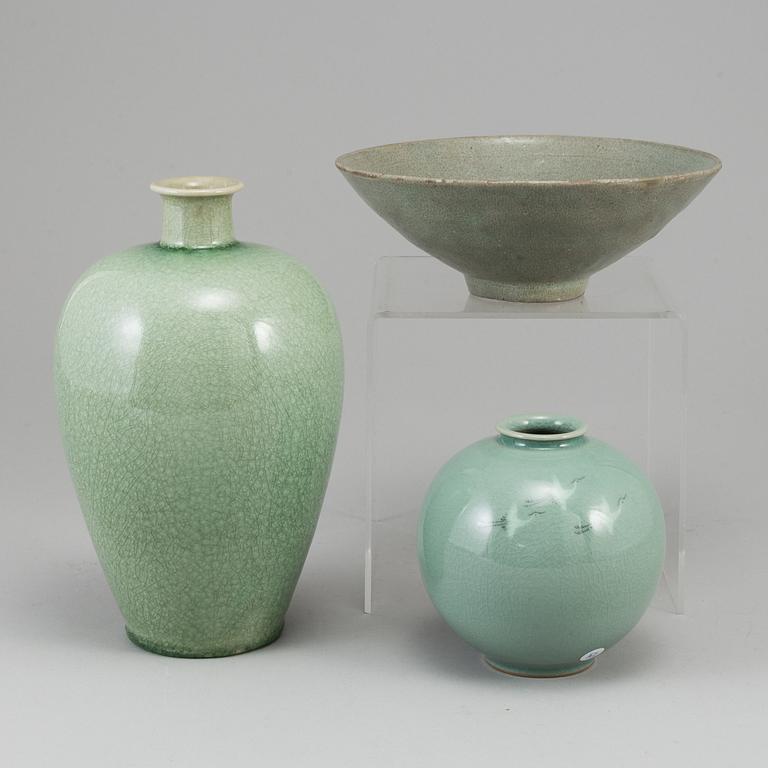 Two Korean celadon vases and a bowl, 15th - 20th Century.