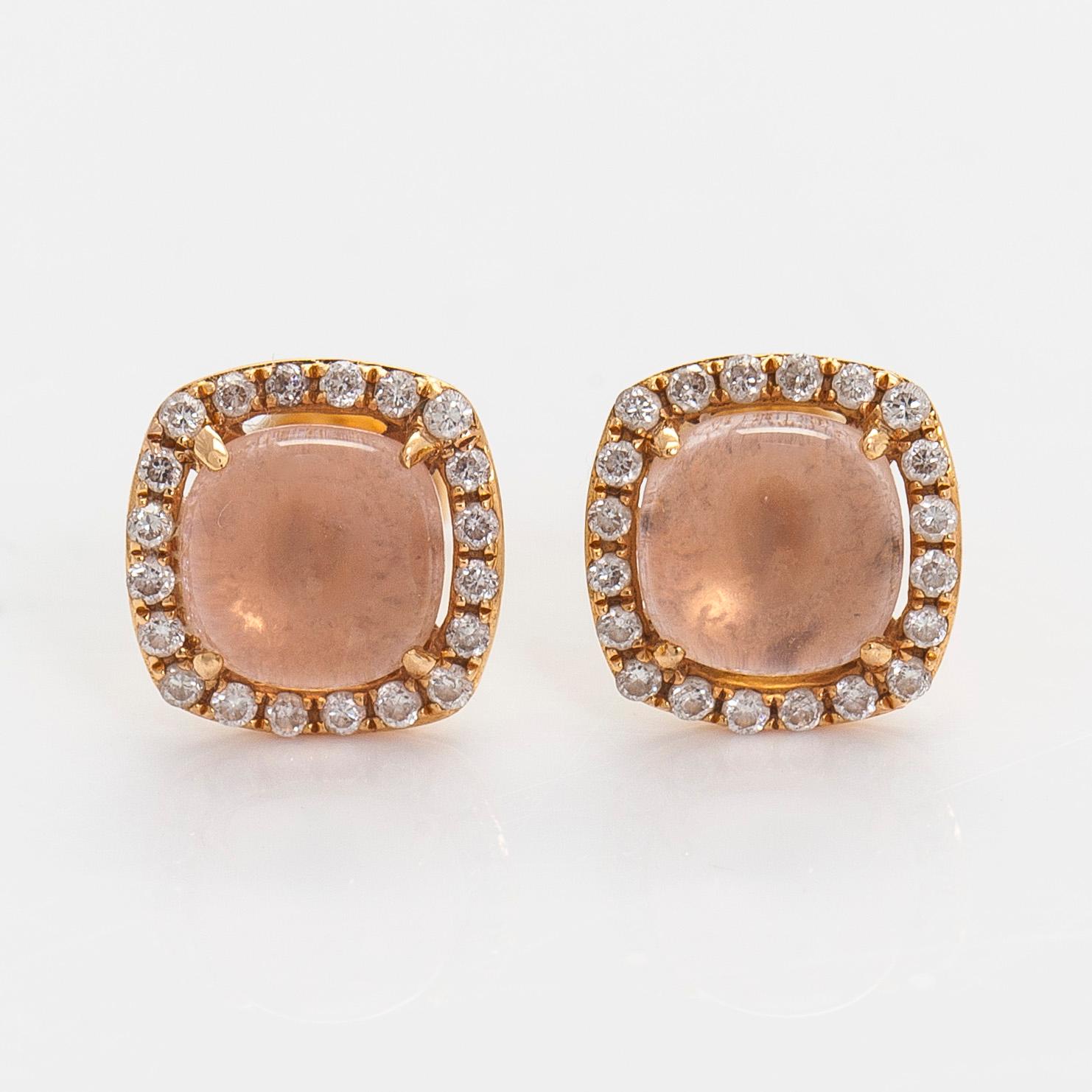 Earrings, cabochon cut rose quartz, diamonds, 18K gold, Italy.
