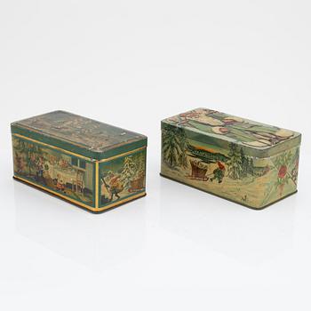 Two christmas tin coffee boxes, Gevalia, Sweden, 1930's.