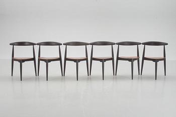 STOLAR, 6 st, "Hjertestolen", Hans J Wegner, Fritz Hansen, Danmark.