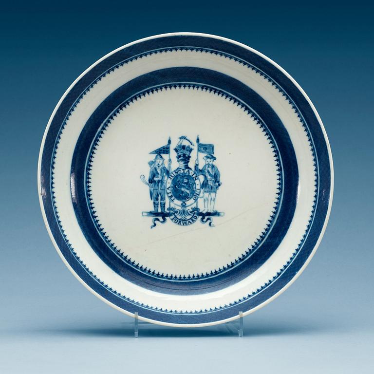 A blue and white armorial dish, Qing dynasty, Qianlong circa 1790.