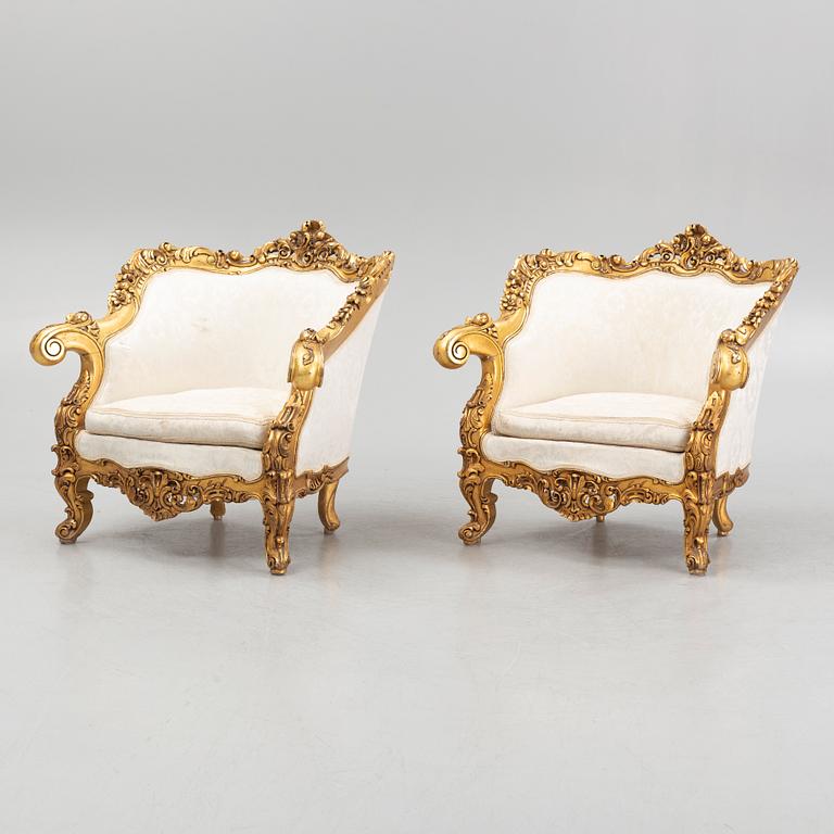 A pair of Louis XV style armchairs, mid-20th Century.