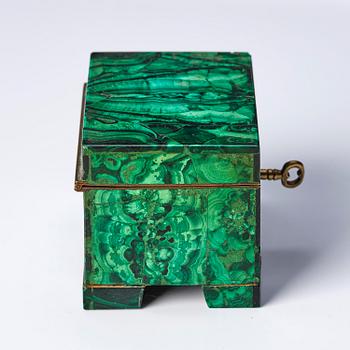 A Russian Nicolas II malachite-veneered box, circa 1900.
