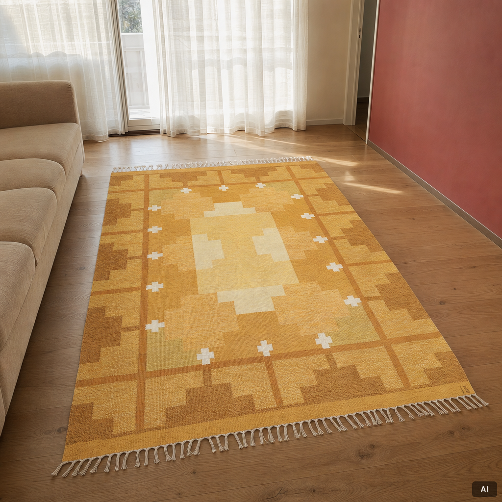 Ingegerd Silow, Rug, “Siljan gul”, flat weave, approximately 280 x 190 cm, signed IS.