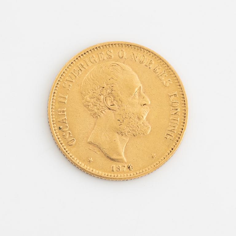 Oscar II, guldmynt, 20 kronor, 1874.