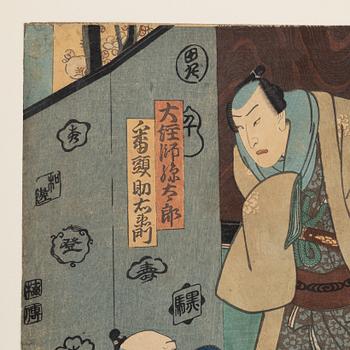 Utagawa Kunisada, three woodblock prints and Utagawa Kuniyoshi, woodblock print.