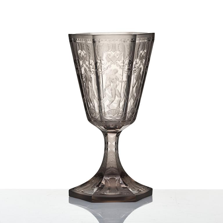 Simon Gate, a Swedish Grace engraved glass goblet 'Sex gracer', Orrefors 1929, model 154.