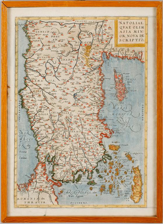 KARTA, kolorerat kopparstick, dubbelsidig, Ortelius, möjligen 1600-tal.