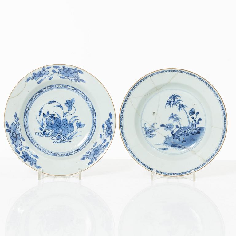 A group of three Chinese blue and white porcelain serving dishes and five dessert plates, Qing dynasty, Qianlong(1736-95.