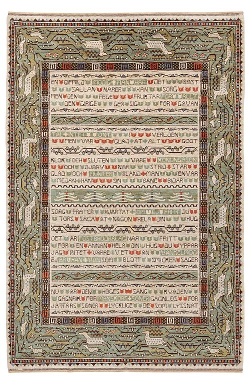 Märta Måås-Fjetterström, matta, "Ordspråksmattan" (Havamal), flossa, ca 341 x 223 cm, signerad AB MMF.