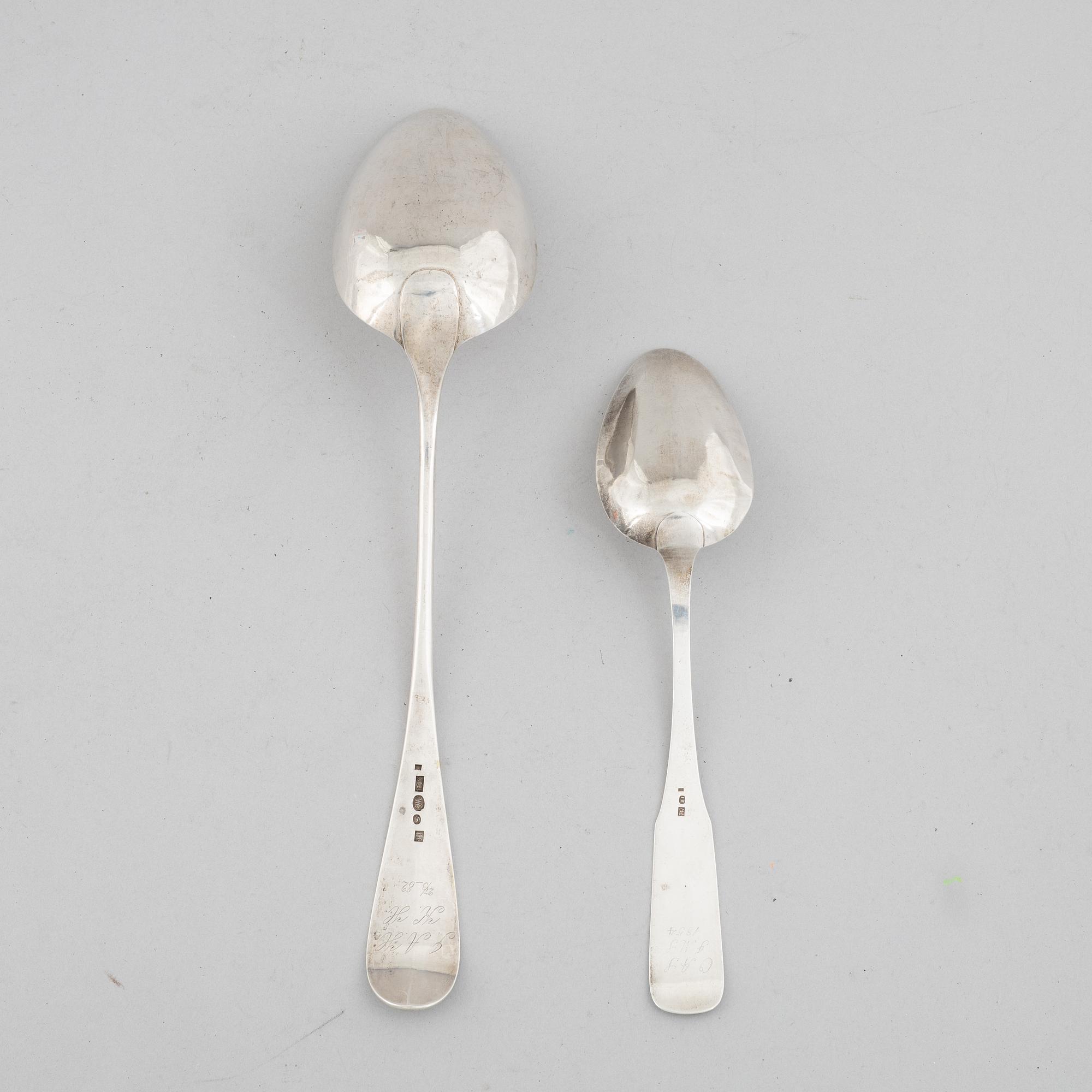 Two serving spoons, low-grade silver, 19th Century, possibly marks of Jacob Andreas Mort, Oslo (1796 - 1854) and of.