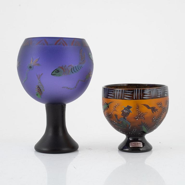 Ulrica Hydman-Vallien, two unique "Juvelglas" glass bowls, Kosta Boda, Sweden.