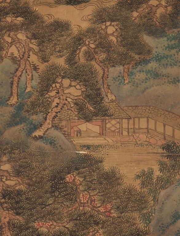 RULLMÅLNING, bergigt flodlanskap i Qian Dus (1764-1844/45) stil, Qingdynastin, sent 1800-tal.
