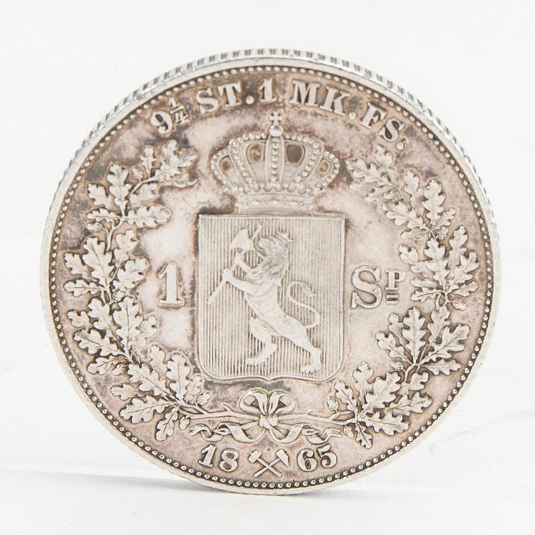 Mynt silver Norge, 1 Speciedaler, 1865, Karl XV kung av Norge och Sverige.