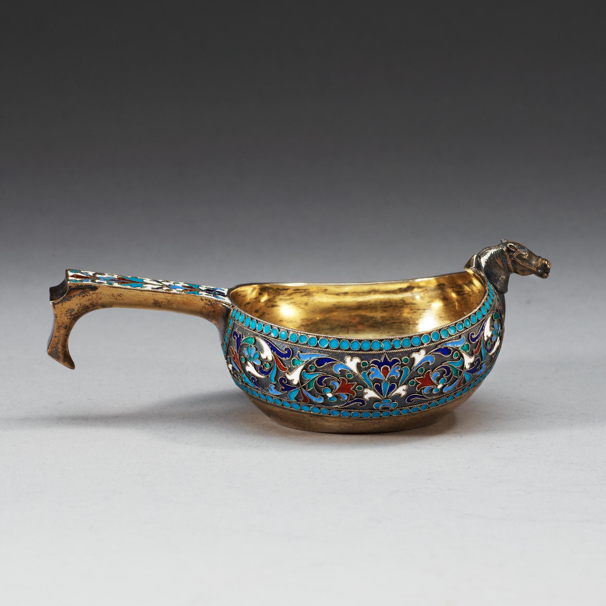 A Russian 19th century silver-gilt and enameld kovsch, makers mark of Nikolaus Strulyev, Moskva 1895.