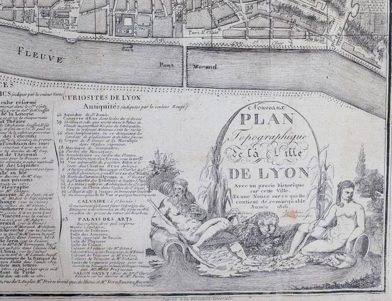 STADSKARTA ÖVER LYON, "Nouveau Plan topographique de la ville de Lyon, avec un précis historique..." 1816.