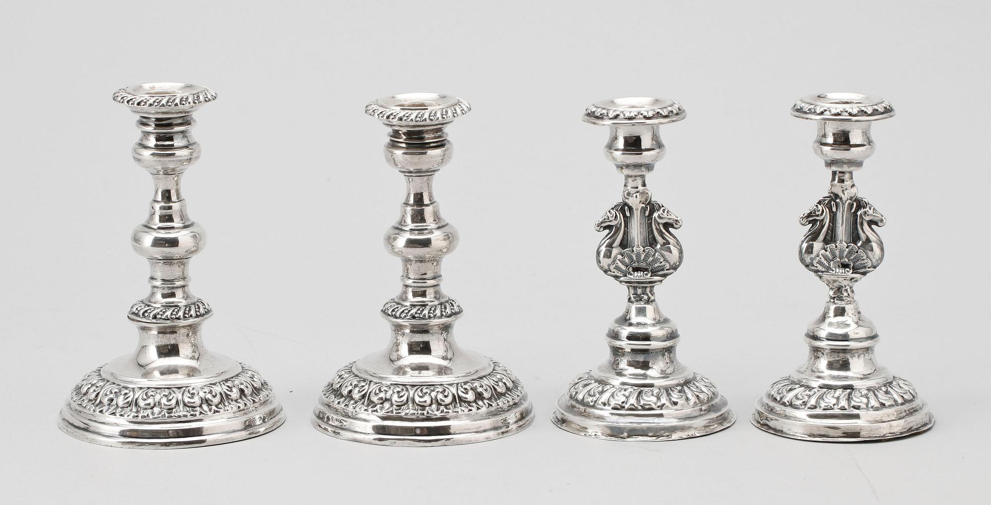 LJUSSTAKAR, 2 par, silver, senempire, D.Hermansson & Co resp otydl mästarstämpel, Stockholm 1842 res 1851.