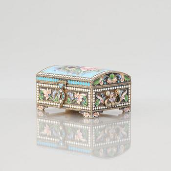 A Russian silver-gilt and cloisonné enamel casket, mark of Ivan Saltykov, Moscow, 1896-1908.