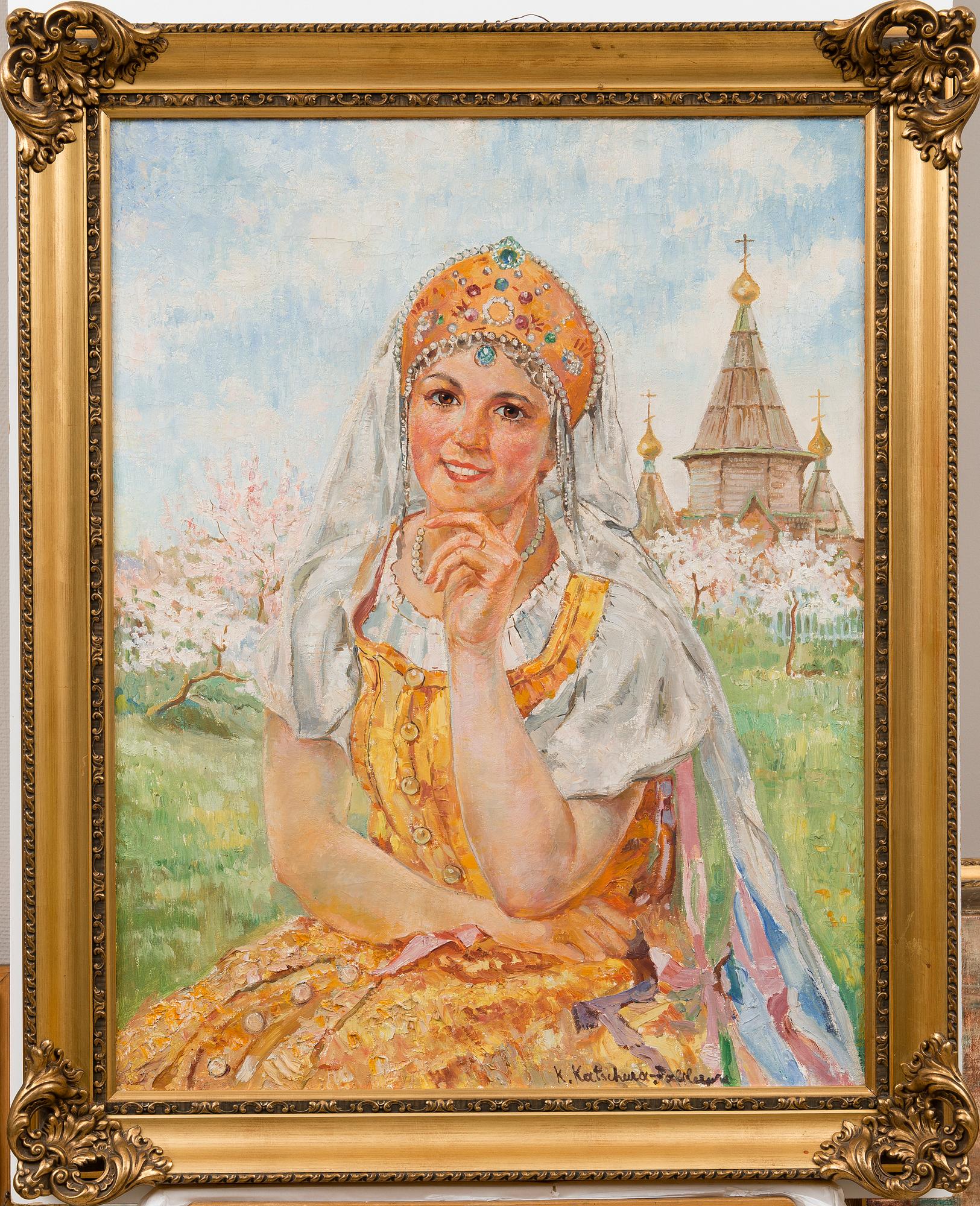EKATERINA NIKOLAEVNA KATSHURA-FALILEEVA, A GIRL IN TRADITIONAL COSTUME WHEN THE APPLE TREES BLOSSOM.