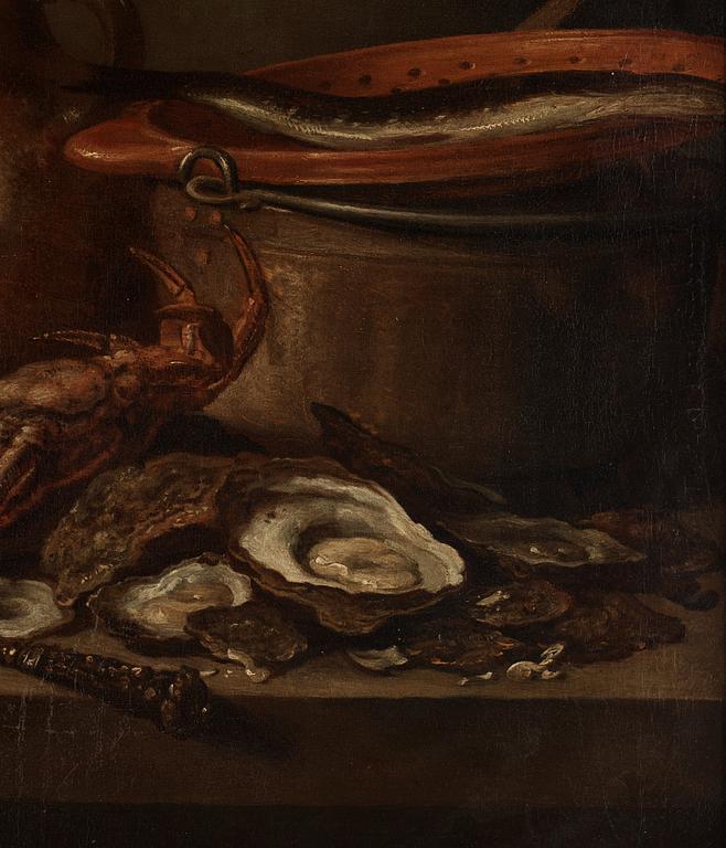 Pieter Claesz Circle of, Dutch school 17th/18th Century. Still life with fish, crab, oysters and jars.