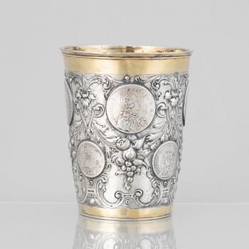 A Prussian 18th century parcel-gilt beaker, makers mark Johann Leopold Käwerstein, Königsberg 1754-1761.