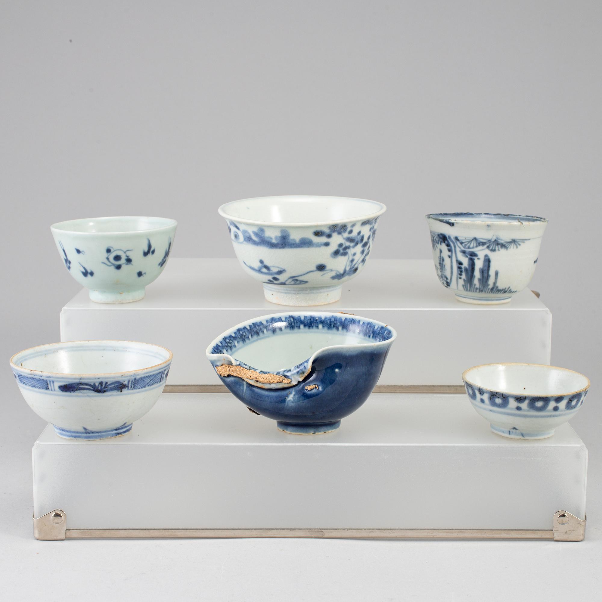 Six blue and white bowls, Ming dynasty as well as South east Asia, 17th-19th century.