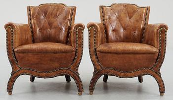 A pair of Otto Schulz brown leather armchairs, by Boet, Gothenburg 1930's.