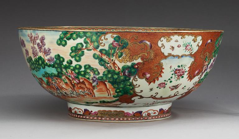 A large famille rose 'European Subject' Hunting punch bowl, Qing dynasty, Qianlong (1736-95).